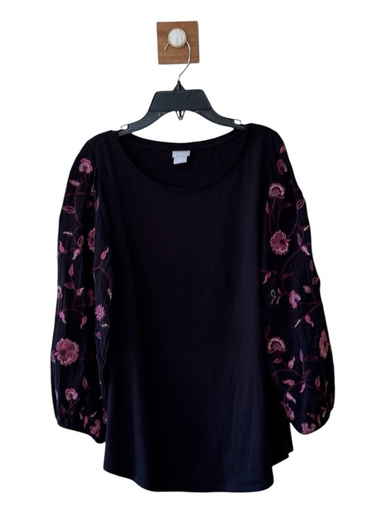 Chico's Tops - Chico's Black Knit Top with Floral Embroidered Balloon Sleeves Size Medium